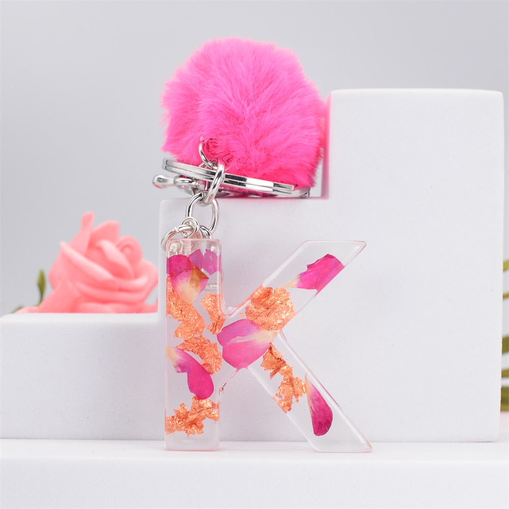 Carsine Pink Pompom 26 Alphabets Keychain K