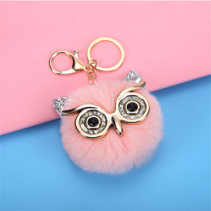 Carsine Kawaii Owl Cat Faux Fur Pom Pom Keychain Pink