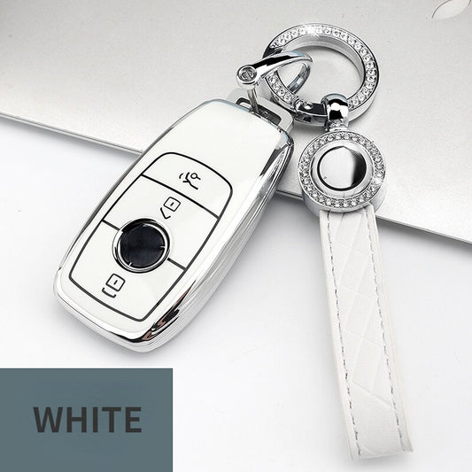 Carsine Mercedes Benz Car Key Cover Silver Edge A / White / Key case + strap