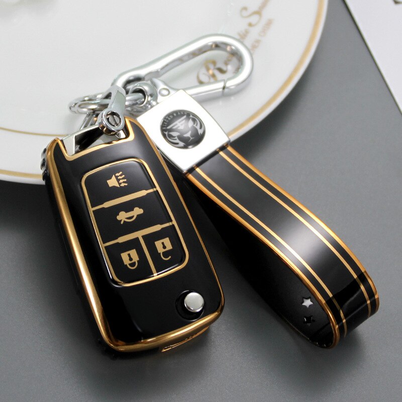 Carsine Chevrolet Buick Car Key Case Golden Edge Black / Key case + strap