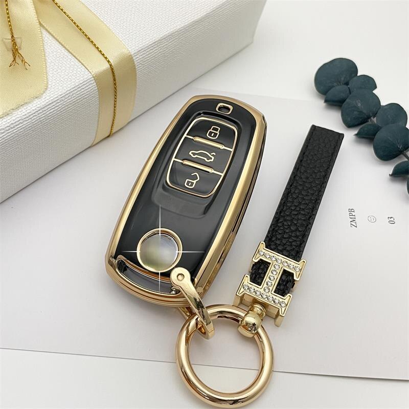 Carsine Volkswagen Car Key Case Rhinestones Keychain Black / Key case + strap
