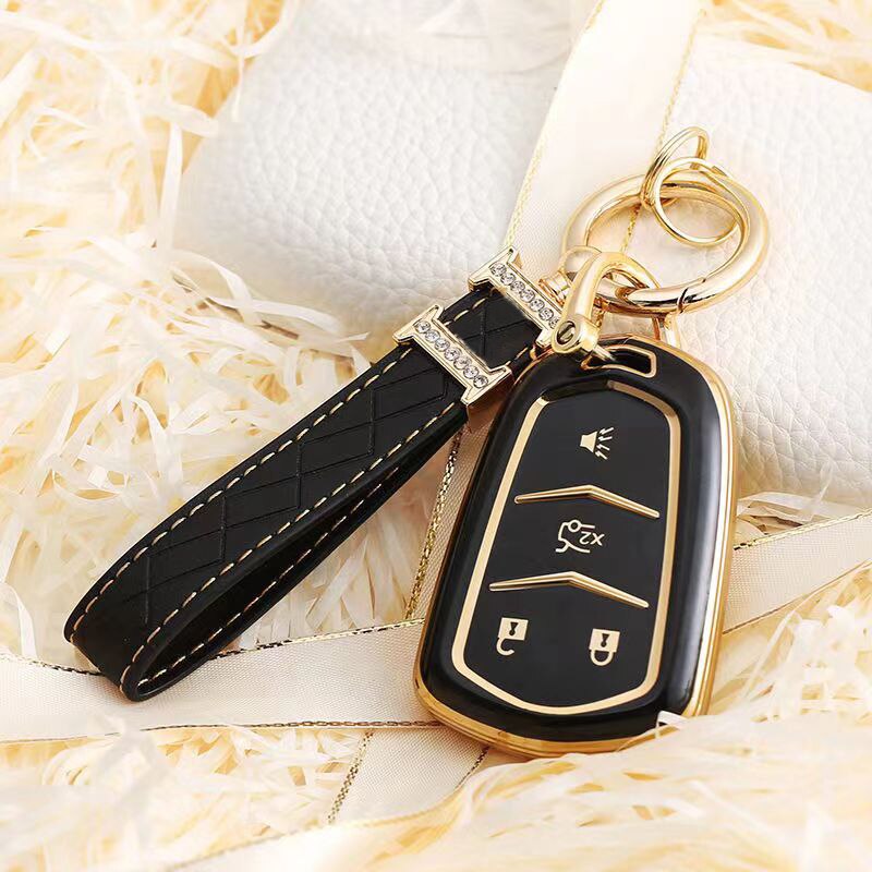 Carsine Cadillac Car Key Case Golden Edge 4 Buttons / Black / Key case + strap