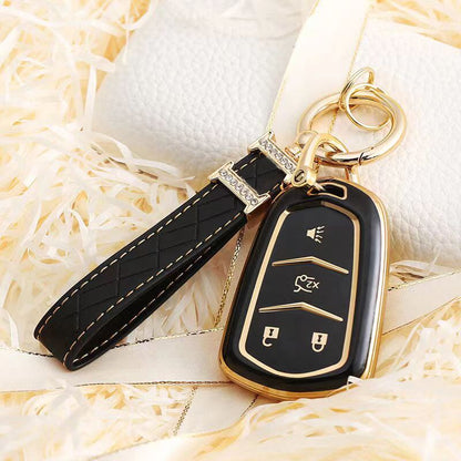 Carsine Cadillac Car Key Case Golden Edge 4 Buttons / Black / Key case + strap