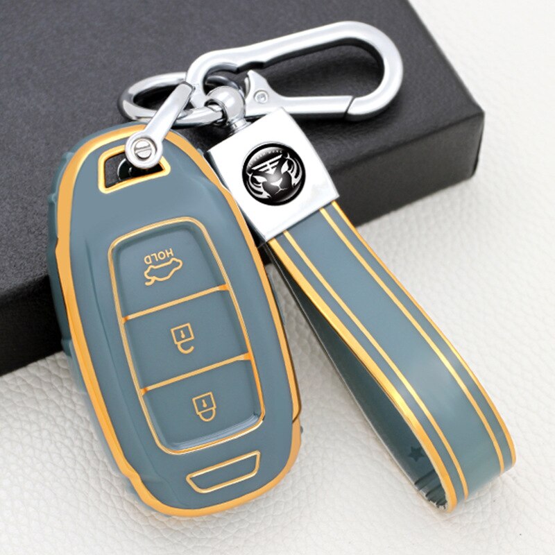 Carsine Hyundai Car Key Case Golden Edge Grey / Key case + strap