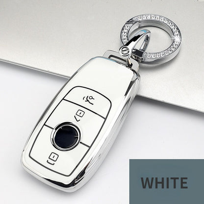 Carsine Mercedes Benz Car Key Cover Silver Edge A / White / Key case + O chain