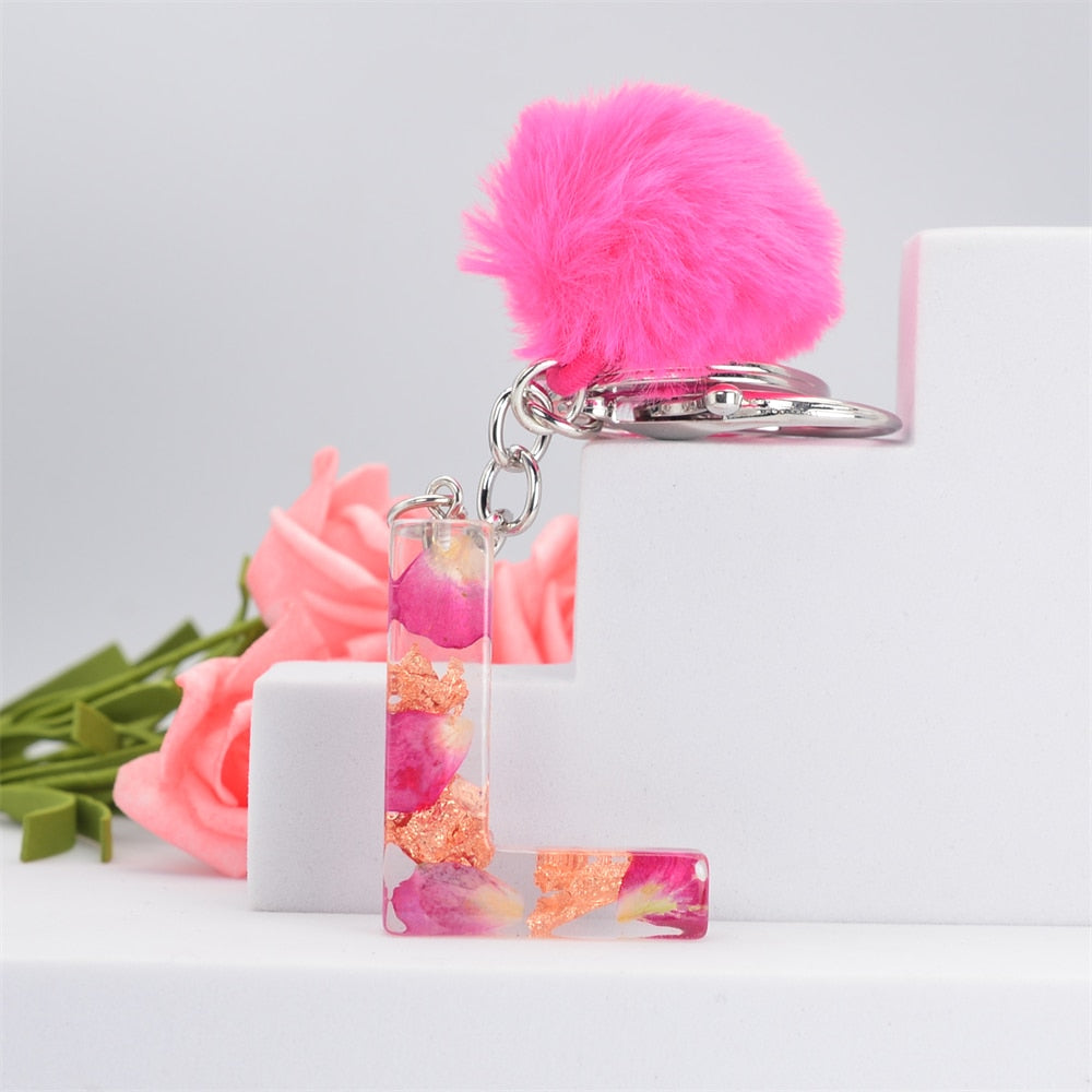 Carsine Pink Pompom 26 Alphabets Keychain L