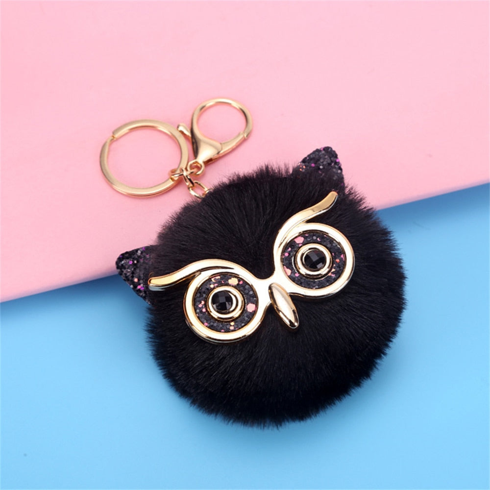 Carsine Kawaii Owl Cat Faux Fur Pom Pom Keychain Black