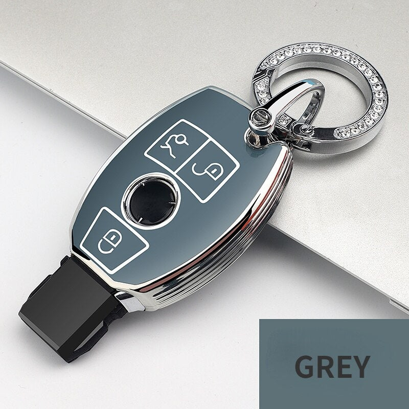 Carsine Mercedes Benz Car Key Cover Silver Edge B / Grey / Key case + O chain