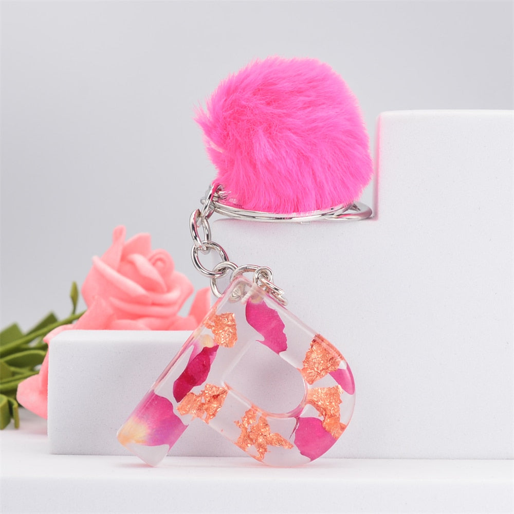 Carsine Pink Pompom 26 Alphabets Keychain P