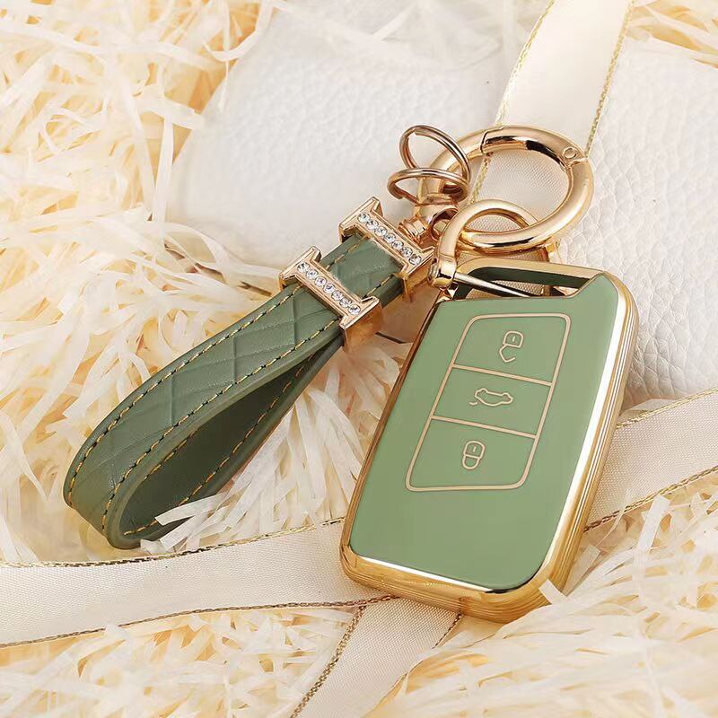 Carsine Volkswagen Car Key Case Rhinestones Keychain Green / Key case + strap