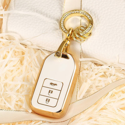Carsine Honda Acura Car Key Case Golden Edge 3 Buttons / White / Key case + O chain