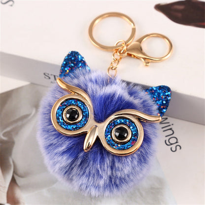 Carsine Kawaii Owl Cat Faux Fur Pom Pom Keychain Light blue