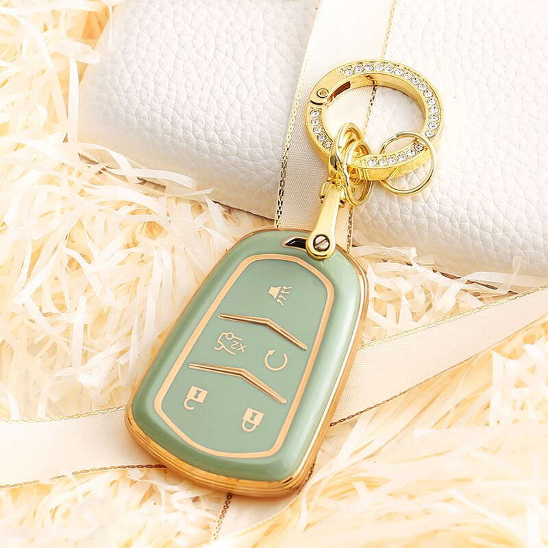 Carsine Cadillac Car Key Case Golden Edge 5 Buttons / Green / Key case + O chain