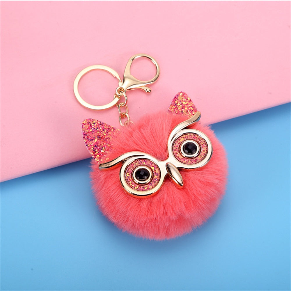 Carsine Kawaii Owl Cat Faux Fur Pom Pom Keychain Light red