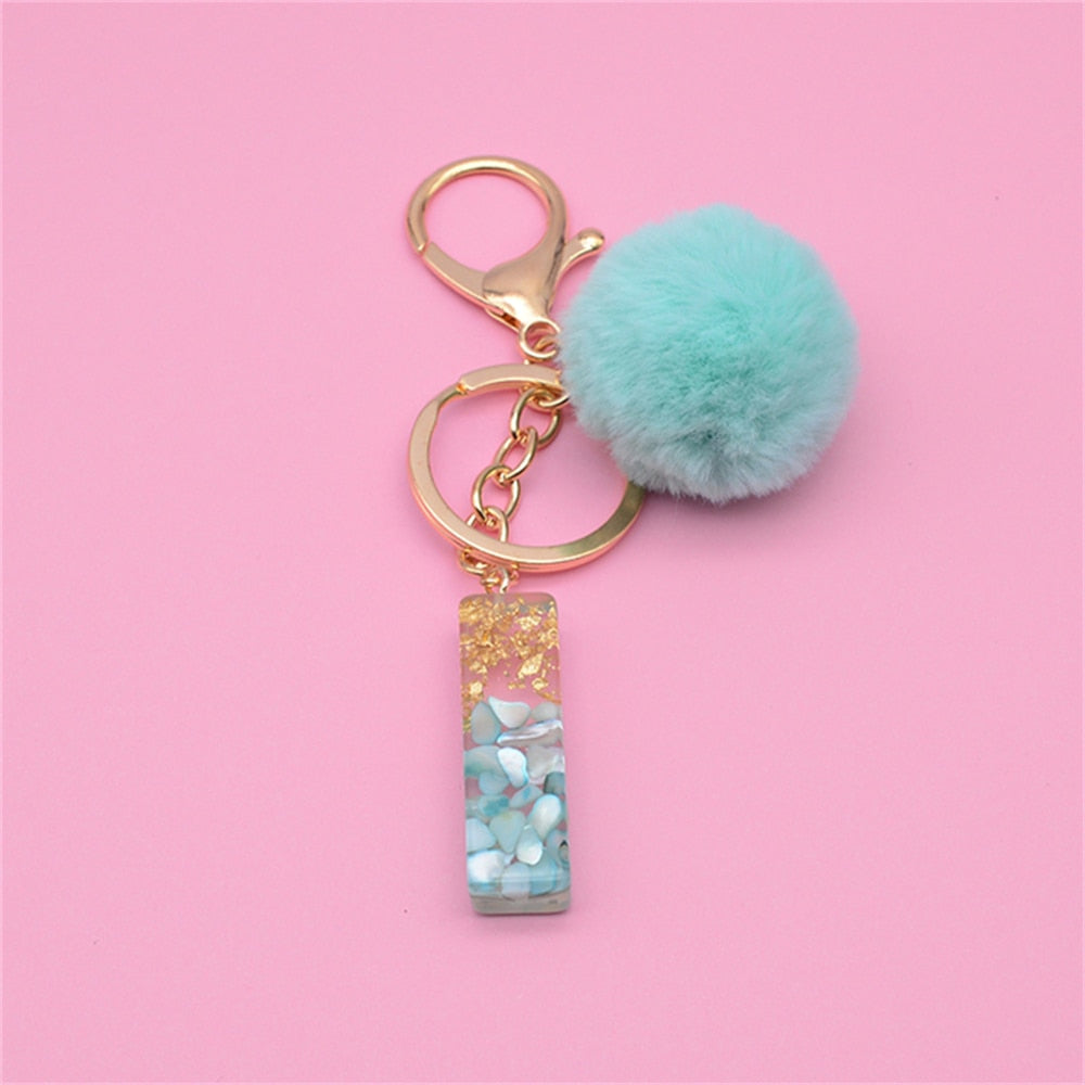 Carsine Green Pompom 26 Alphabets Keychain I