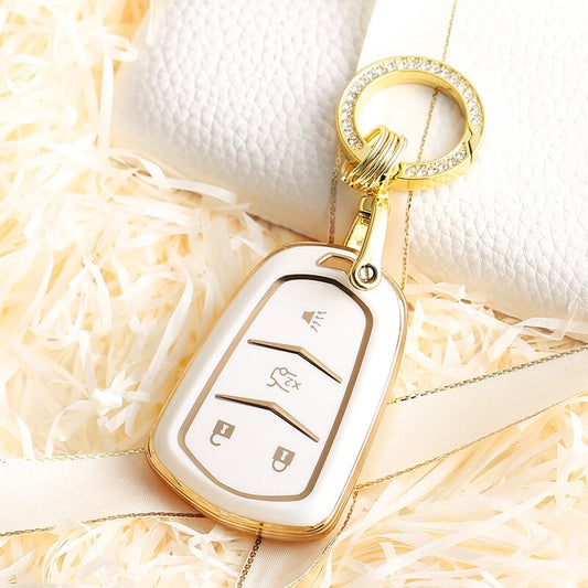 Carsine Cadillac Car Key Case Golden Edge 4 Buttons / White / Key case + O chain