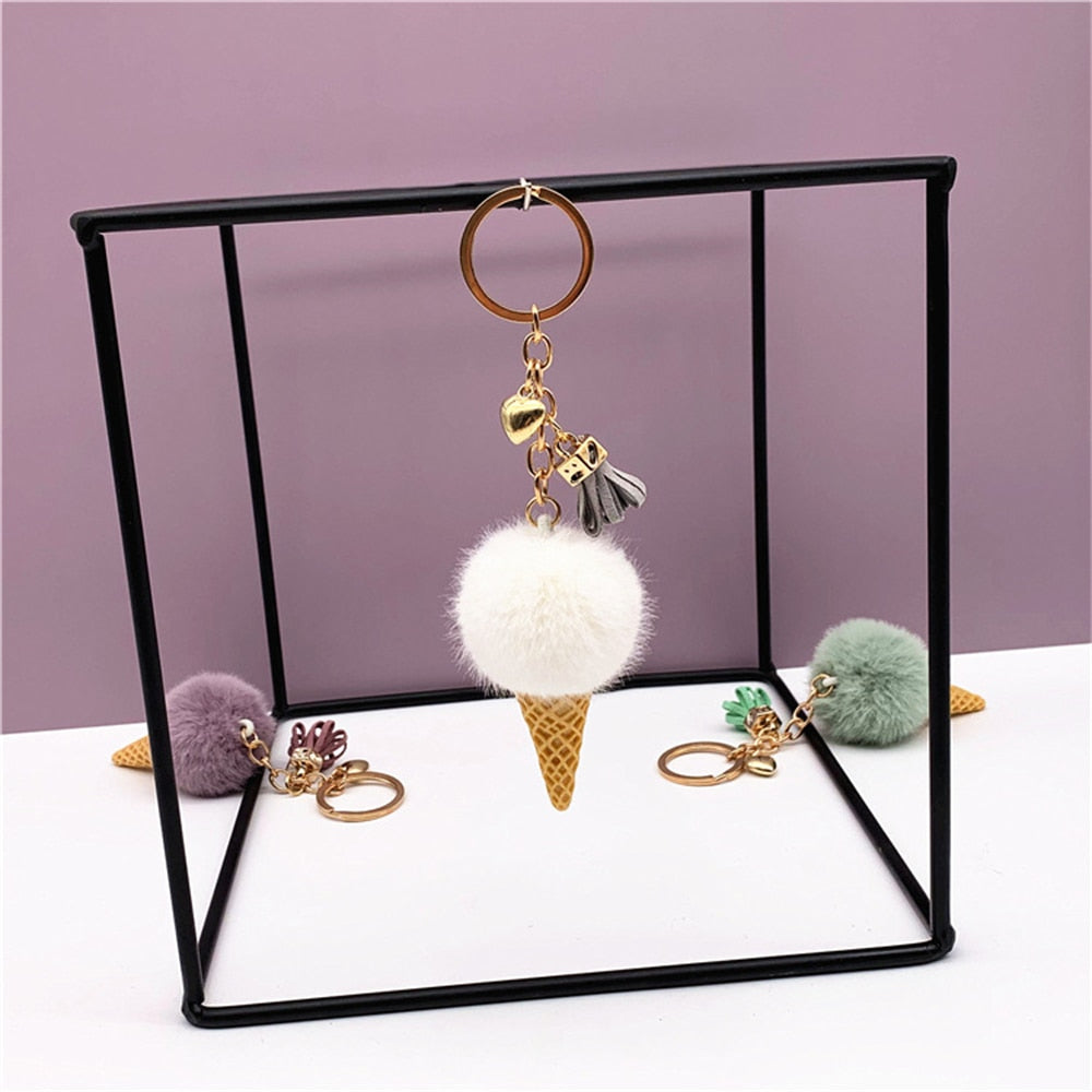 Carsine Ice Cream Plush Ball Keychain White