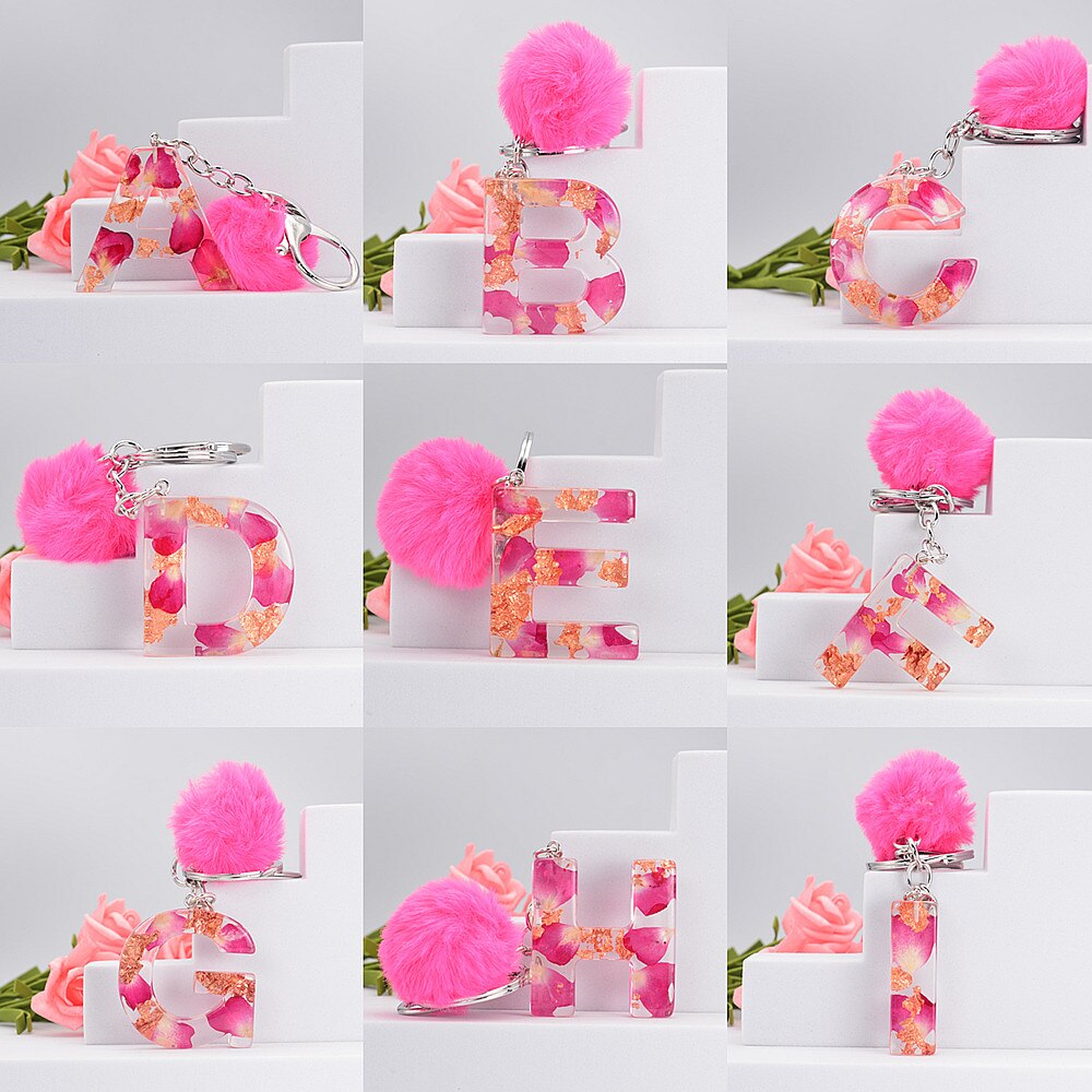 Carsine Pink Pompom 26 Alphabets Keychain