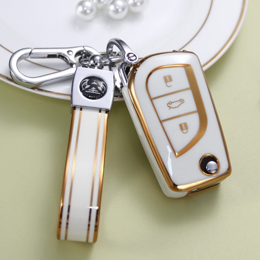 Carsine Toyota Car Key Case Golden Edge 3 Buttons / White / Key case + strap