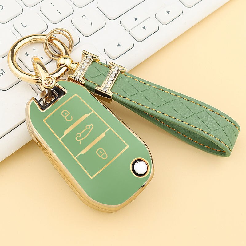 Carsine Citroen Peugeot Car Key Case Golden Edge Green / Key case + strap