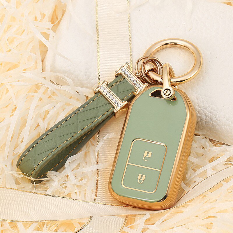 Carsine Honda Acura Car Key Case Golden Edge 2 Buttons / Green / Key case + strap