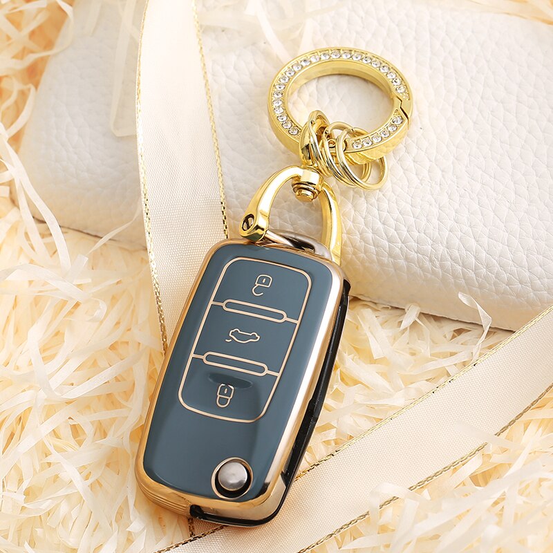 Carsine Volkswagen Car Key Case Rhinestones Keychain Grey / Key case + O chain