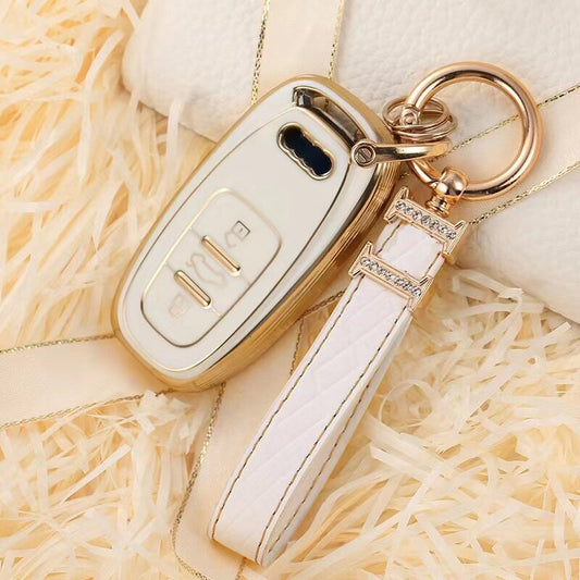 Carsine Audi Car Key Case Golden Edge White / Key case + strap