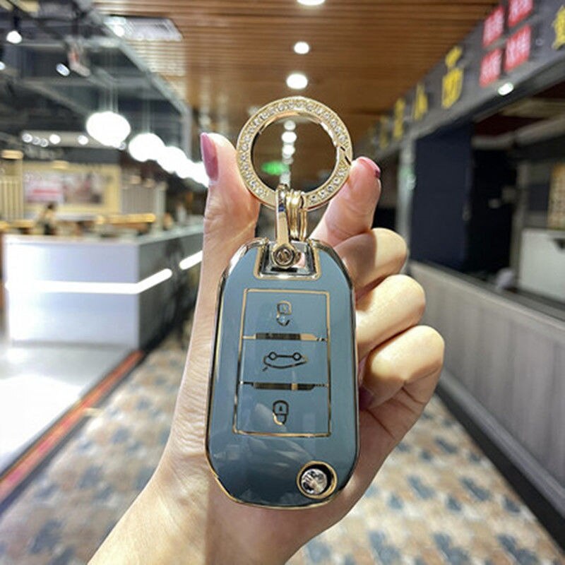 Carsine Citroen Peugeot Car Key Case Golden Edge Grey / Key case + O chain
