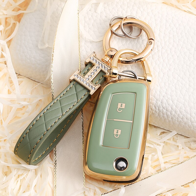 Carsine Nissan Car Key Case Golden Edge 2 Buttons / Green / Key case + strap