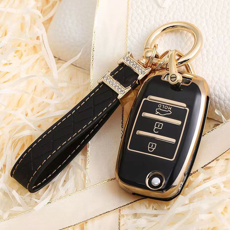 Carsine Kia Car Key Case Golden Edge Black / Key case + strap