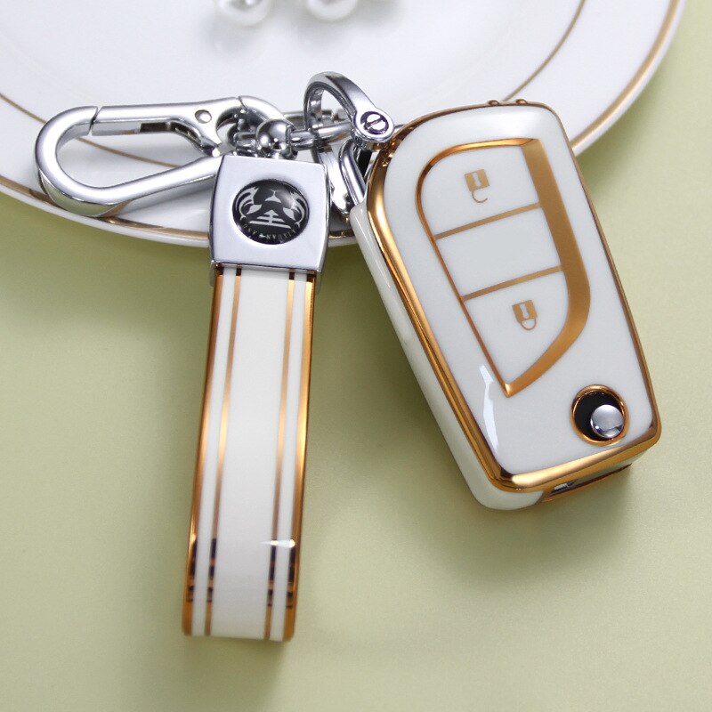 Carsine Toyota Car Key Case Golden Edge 2 Buttons / White / Key case + strap
