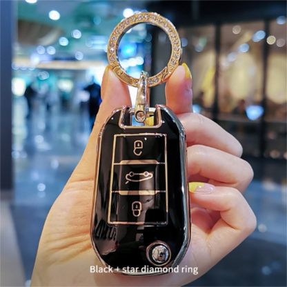 Carsine Citroen Peugeot Car Key Case Golden Edge Black / Key case + O chain
