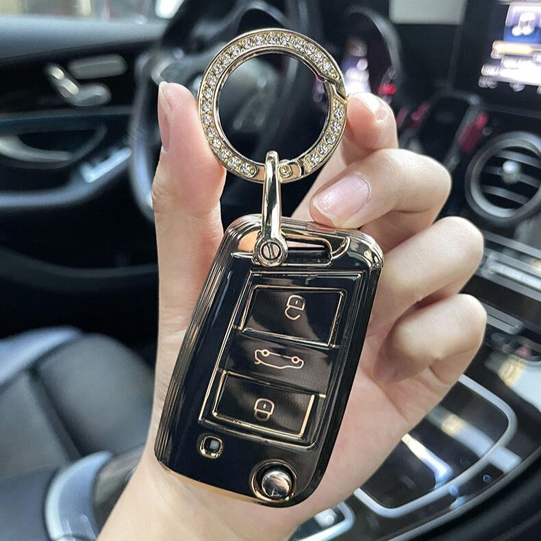 Carsine Volkswagen Car Key Case Golden Edge Black / Key case + O chain