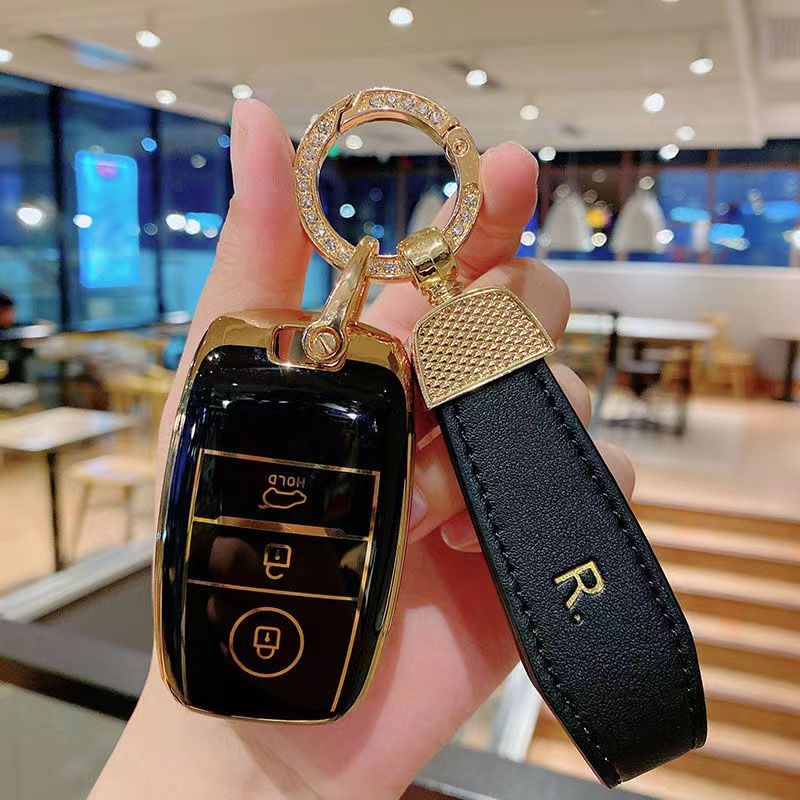 Carsine Kia Car Key Case Golden Edge Black / Key case + R chain