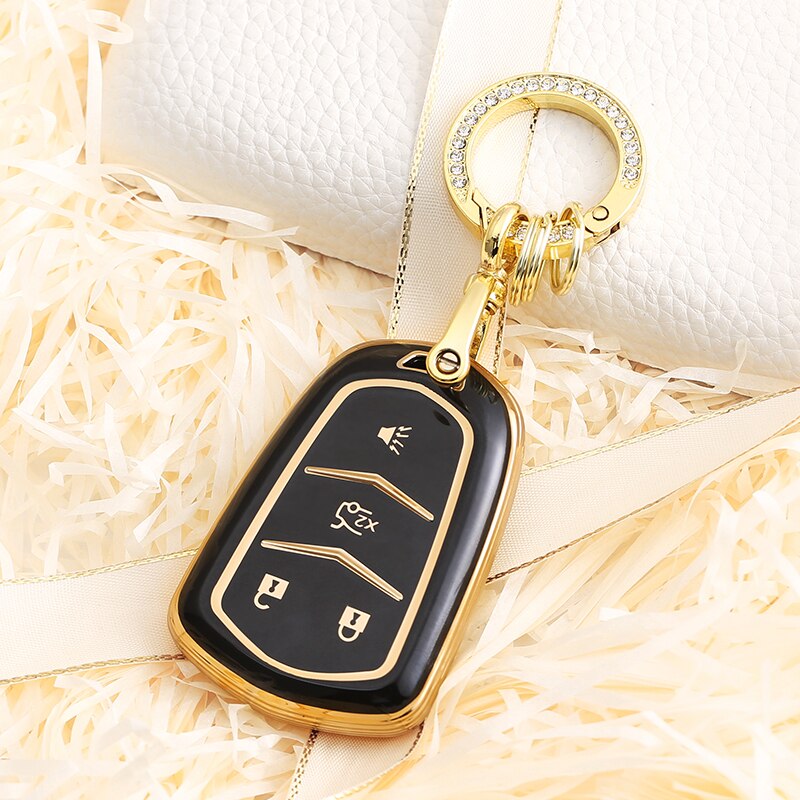 Carsine Cadillac Car Key Case Golden Edge 4 Buttons / Black / Key case + O chain