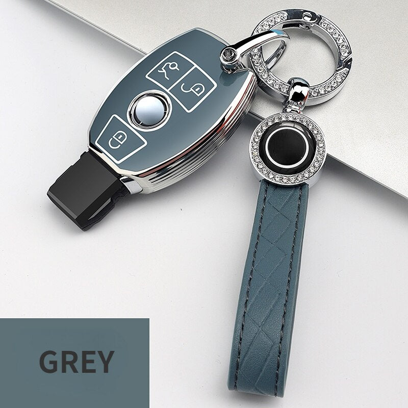 Carsine Mercedes Benz Car Key Cover Silver Edge B / Grey / Key case + strap