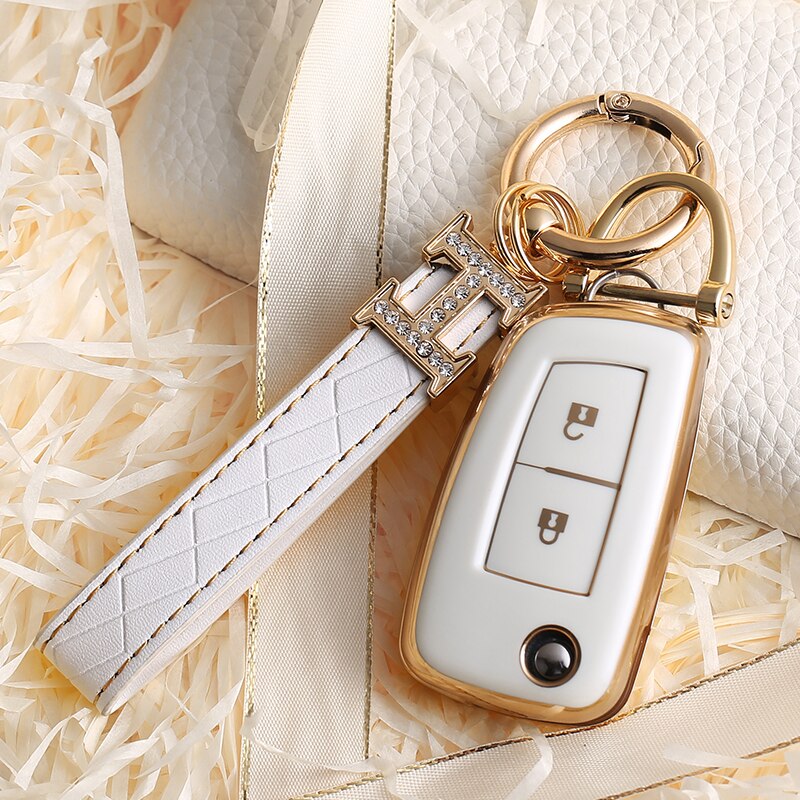 Carsine Nissan Car Key Case Golden Edge 2 Buttons / White / Key case + strap