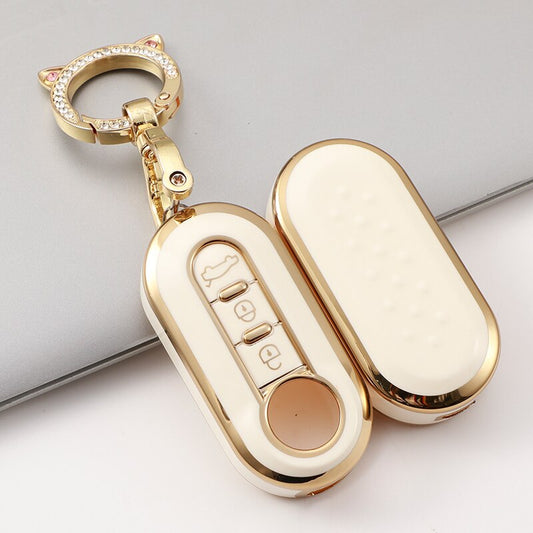 Carsine Fiat Car Key Case Golden Edge White / Key case + O chain