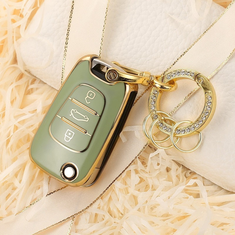 Carsine Kia Car Key Cover Silver Edge Gold / Green / Key case + O chain