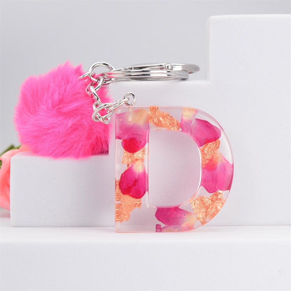 Carsine Pink Pompom 26 Alphabets Keychain D