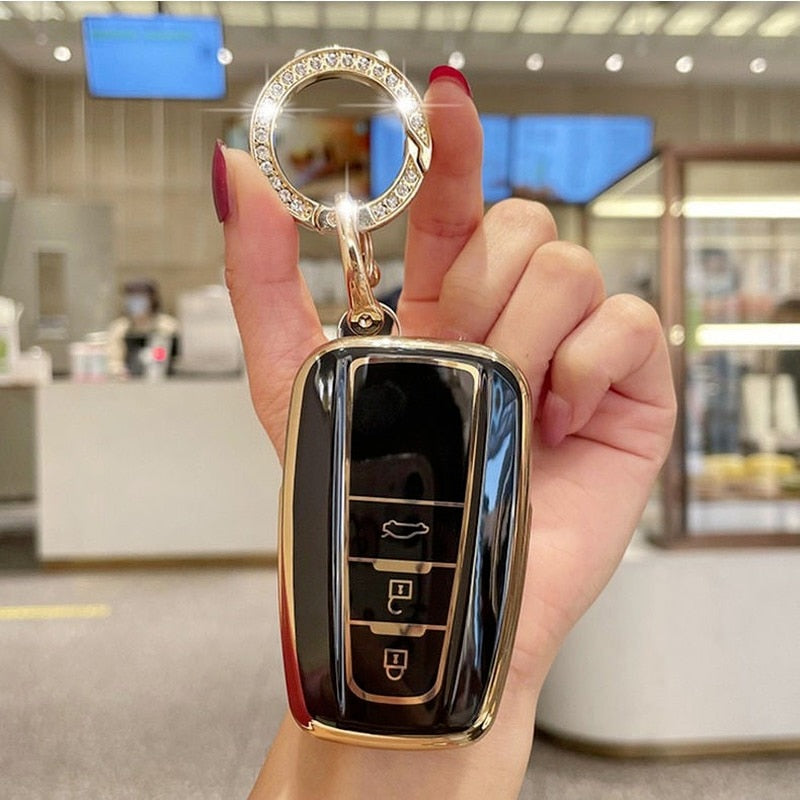 Carsine Toyota Car Key Case Golden Edge 3 Buttons / Black / Key case + O chain