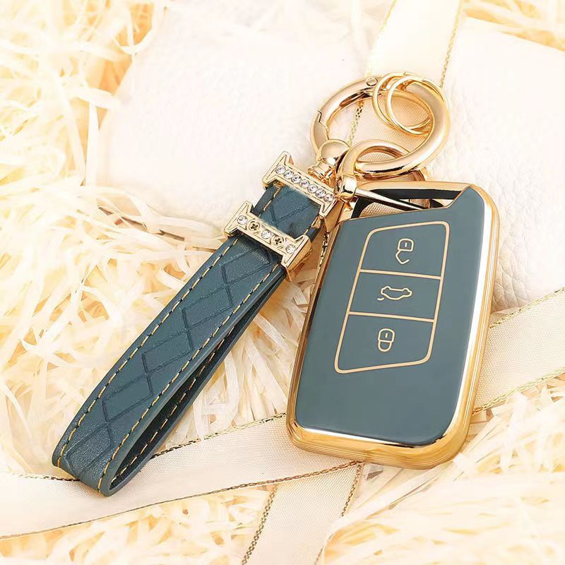 Carsine Volkswagen Car Key Case Rhinestones Keychain Grey / Key case + strap