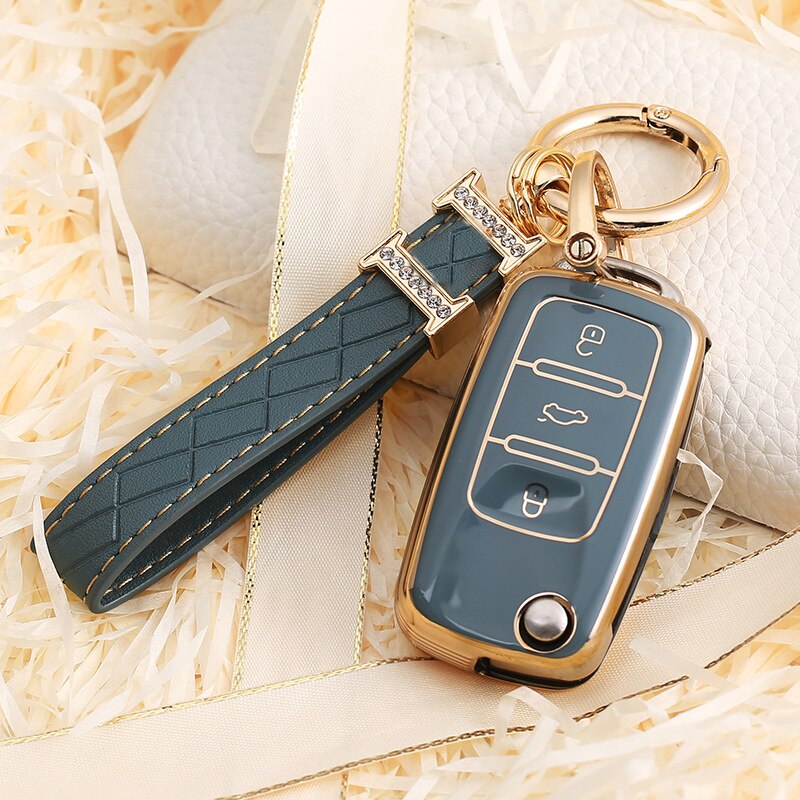 Carsine Volkswagen Car Key Case Rhinestones Keychain Grey / Key case + strap