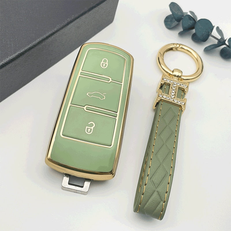 Carsine Volkswagen Car Key Case Golden Edge Green / Key case + strap