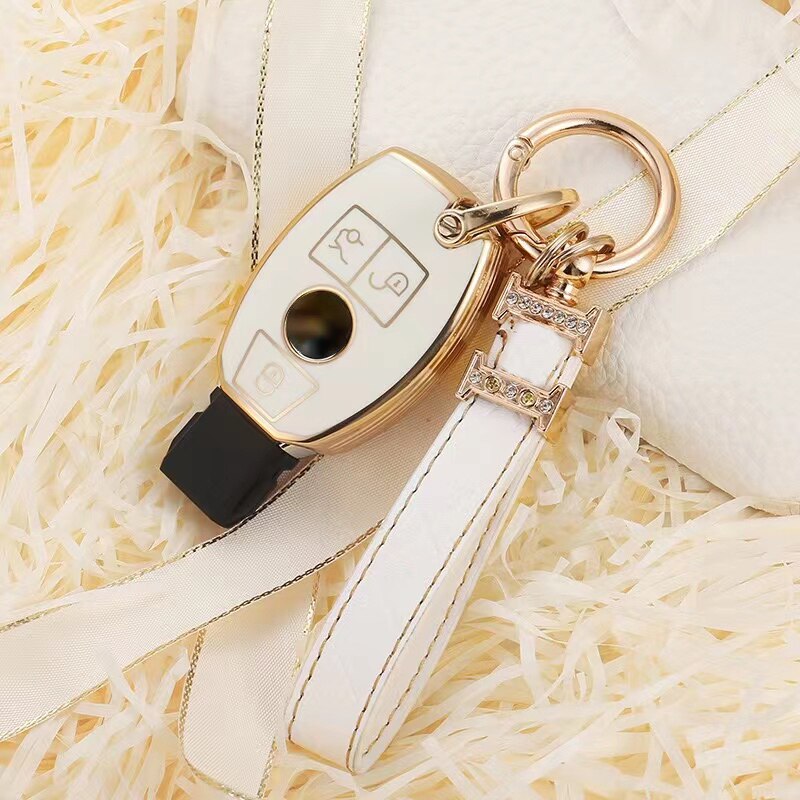 Faux Leather Car Key Shell Cover With Keychain For Mercedes Benz