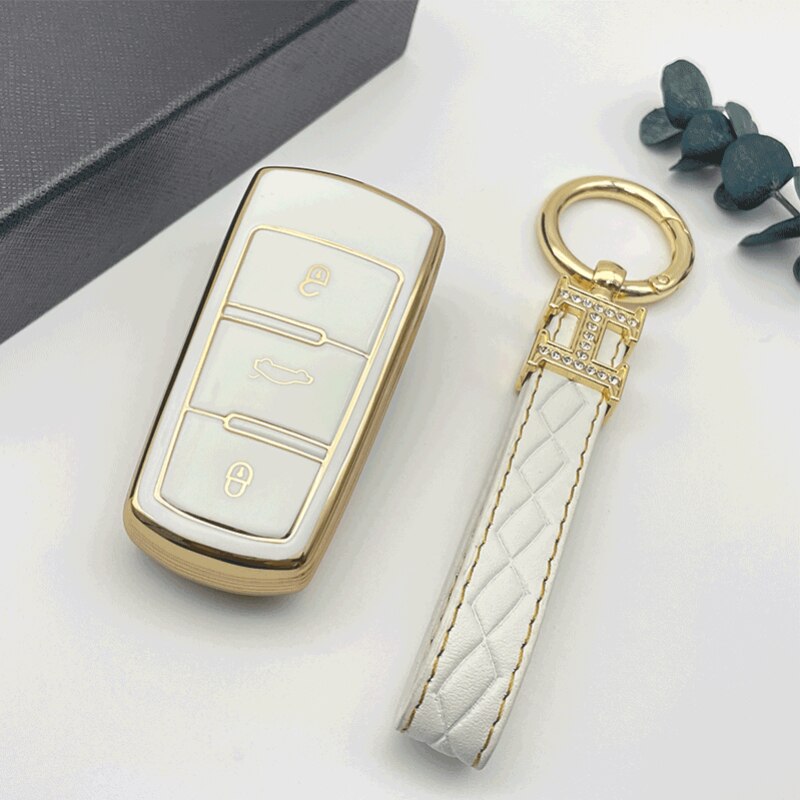 Carsine Volkswagen Car Key Case Golden Edge White / Key case + strap