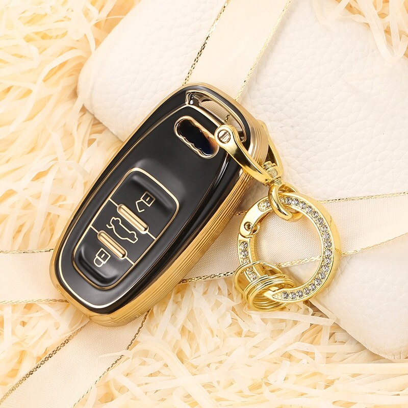 Carsine Audi Car Key Case Golden Edge Black / Key case + O chain