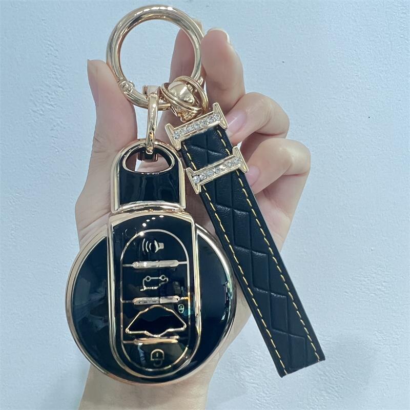 Carsine BMW Mini Car Key Case Golden Edge Black / Key case + strap