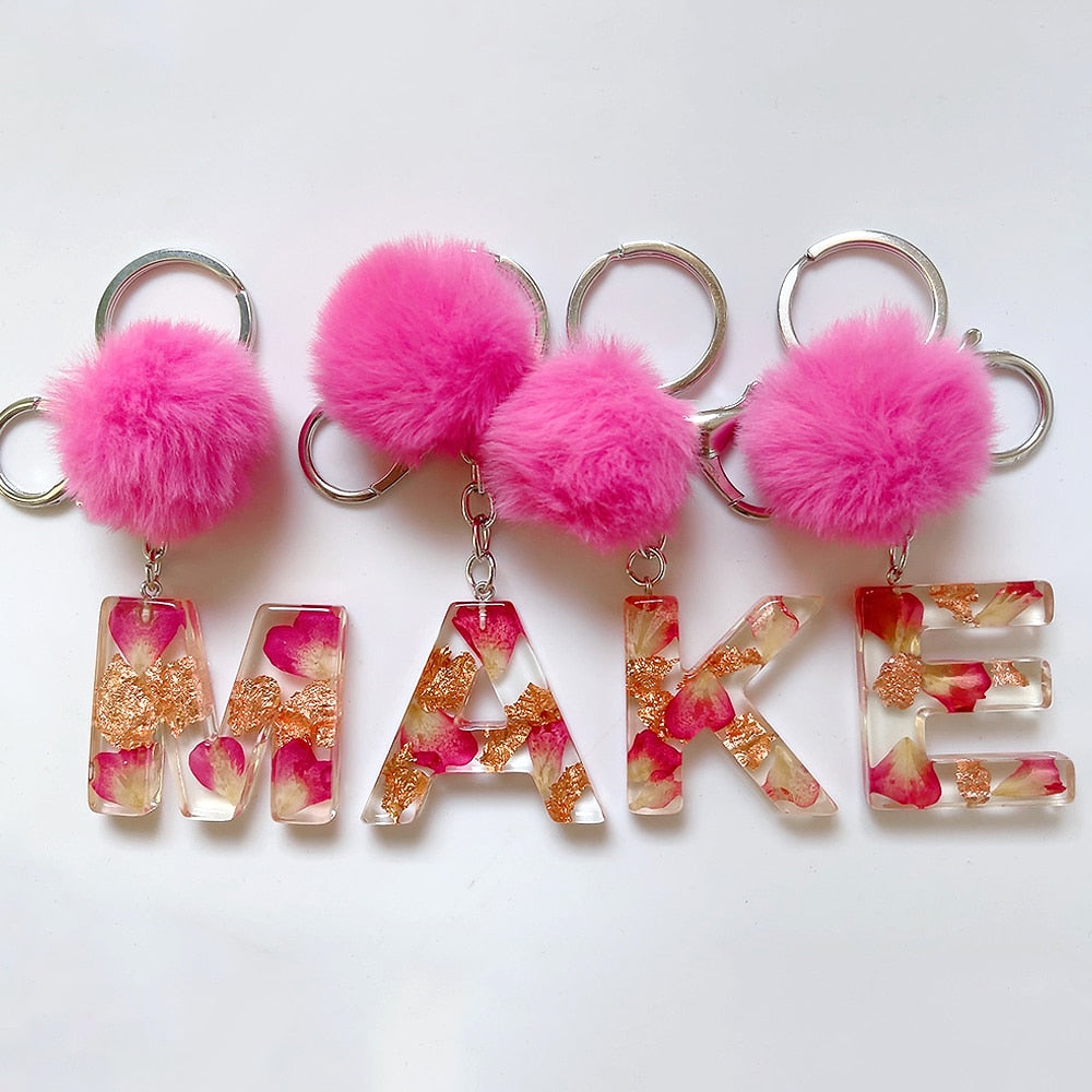 Carsine Pink Pompom 26 Alphabets Keychain