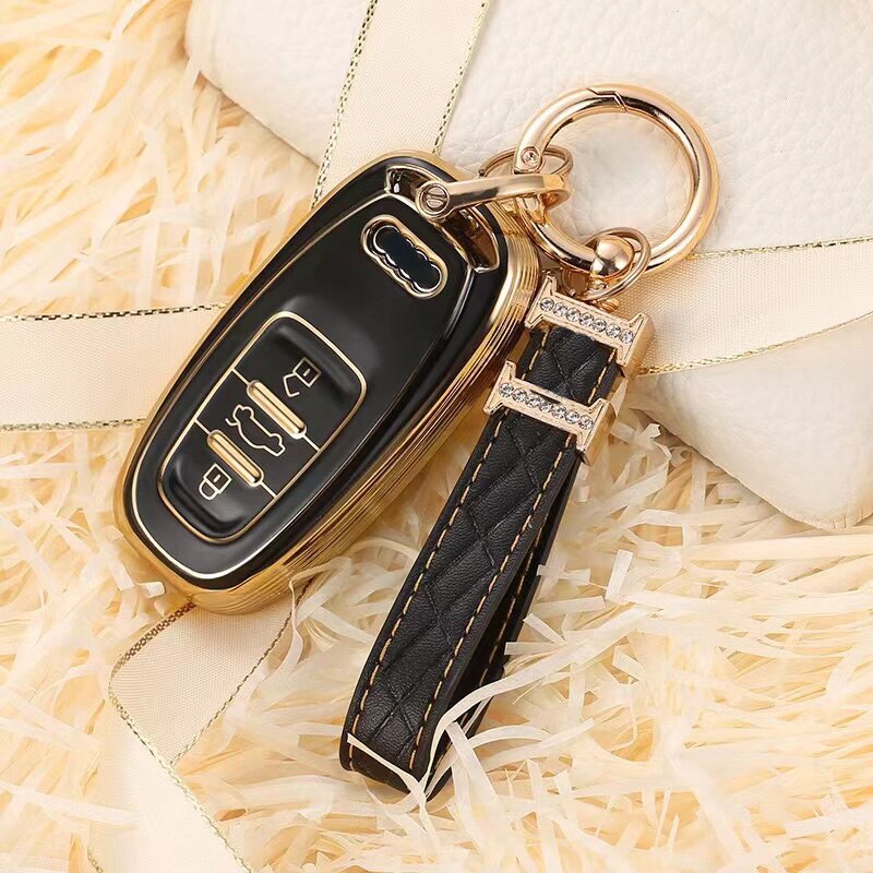 Carsine Audi Car Key Case Golden Edge Black / Key case + strap